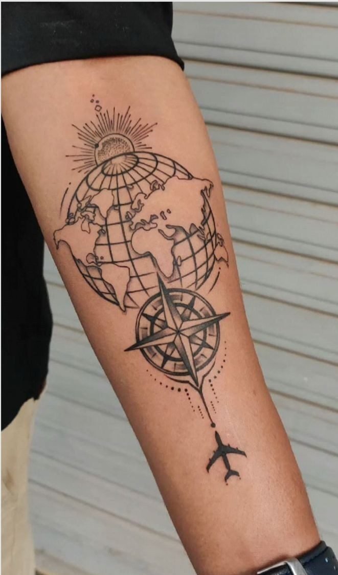 Custom fine line travel tattoo